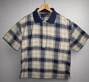 Vtg Highland Outfitters Y2K Retro Plaid Cotton Shirt Tan Blue Red Short Sleeve M